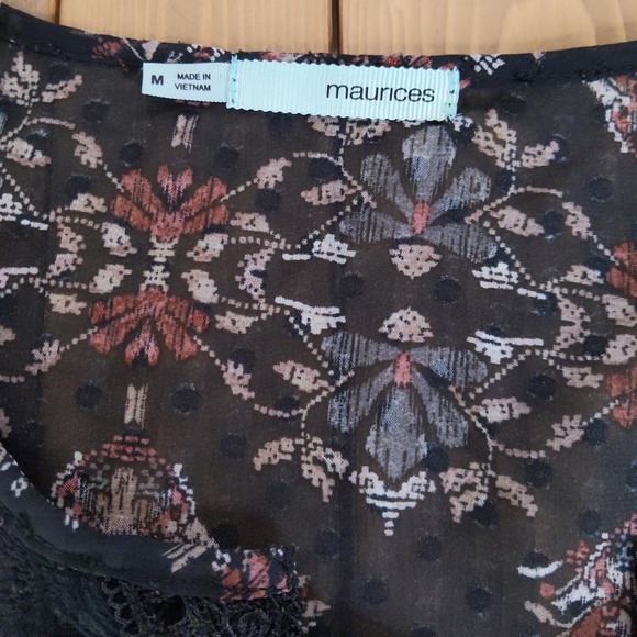 Black Floral Lace up Boho Tunic Top with lace up front - Picture 2 of 14